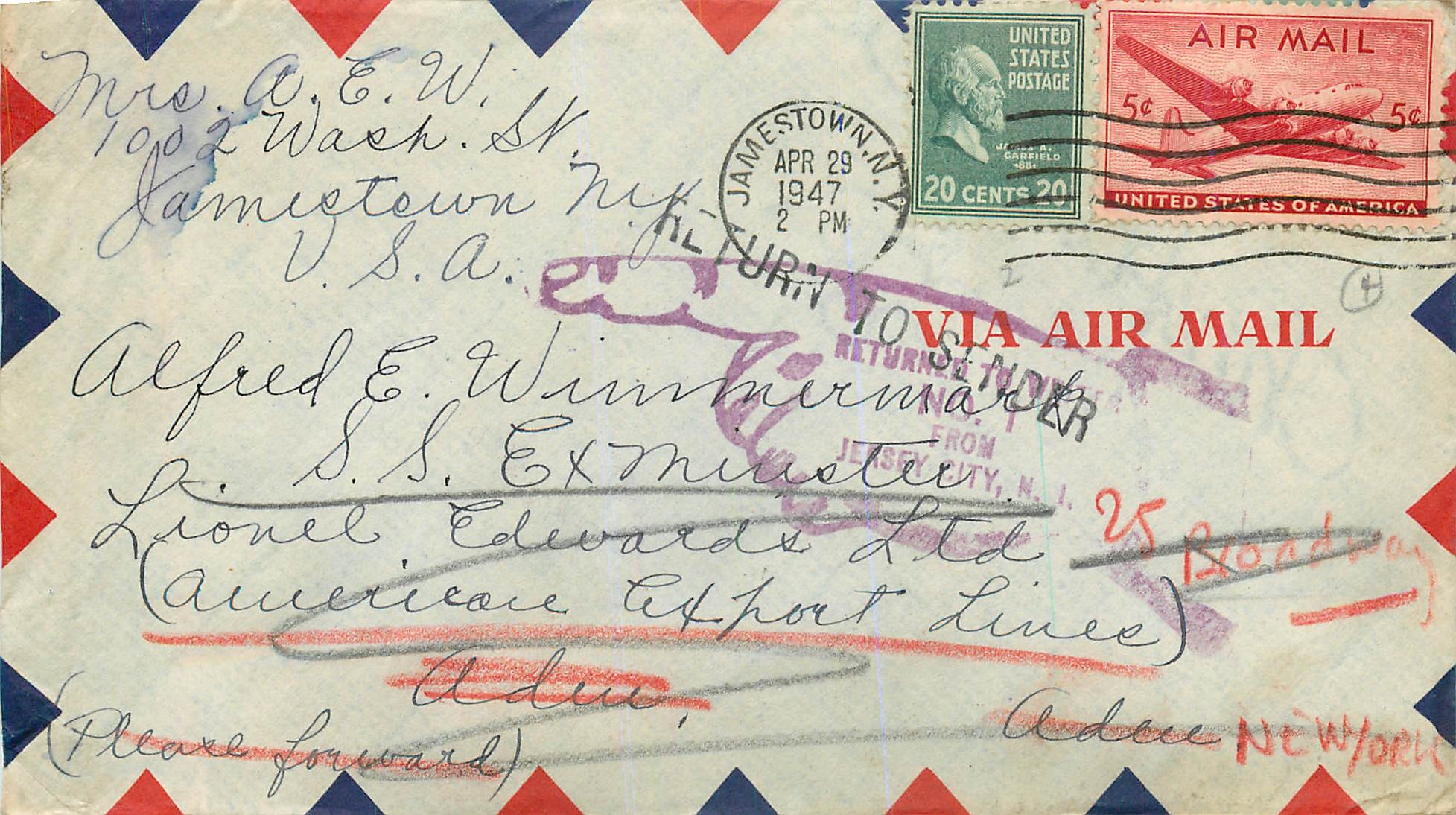 Lettre Cover Etats-Unis Jamestown 1947 cover to Aden 