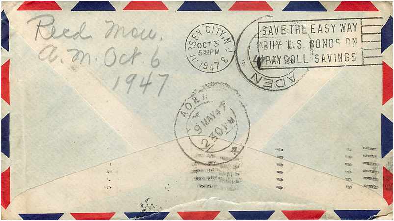 Lettre Cover Etats-Unis Jamestown 1947 cover to Aden  — Rückseite