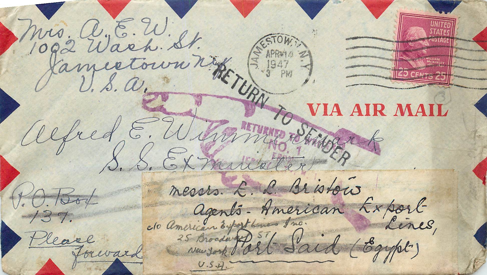Lettre Cover Etats-Unis 25c Jamestown Return to sendeer 1947 cover from Egypt
