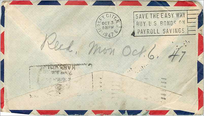 Lettre Cover Etats-Unis 25c Jamestown Return to sendeer 1947 cover from Egypt — Rückseite