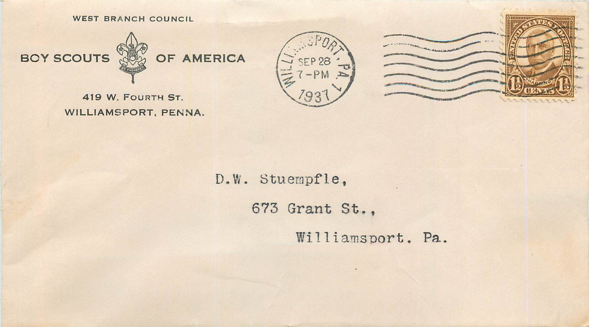 Lettre Cover Etats-Unis 2 1/2d Williamsport Boy scouts Scout 1937 cover