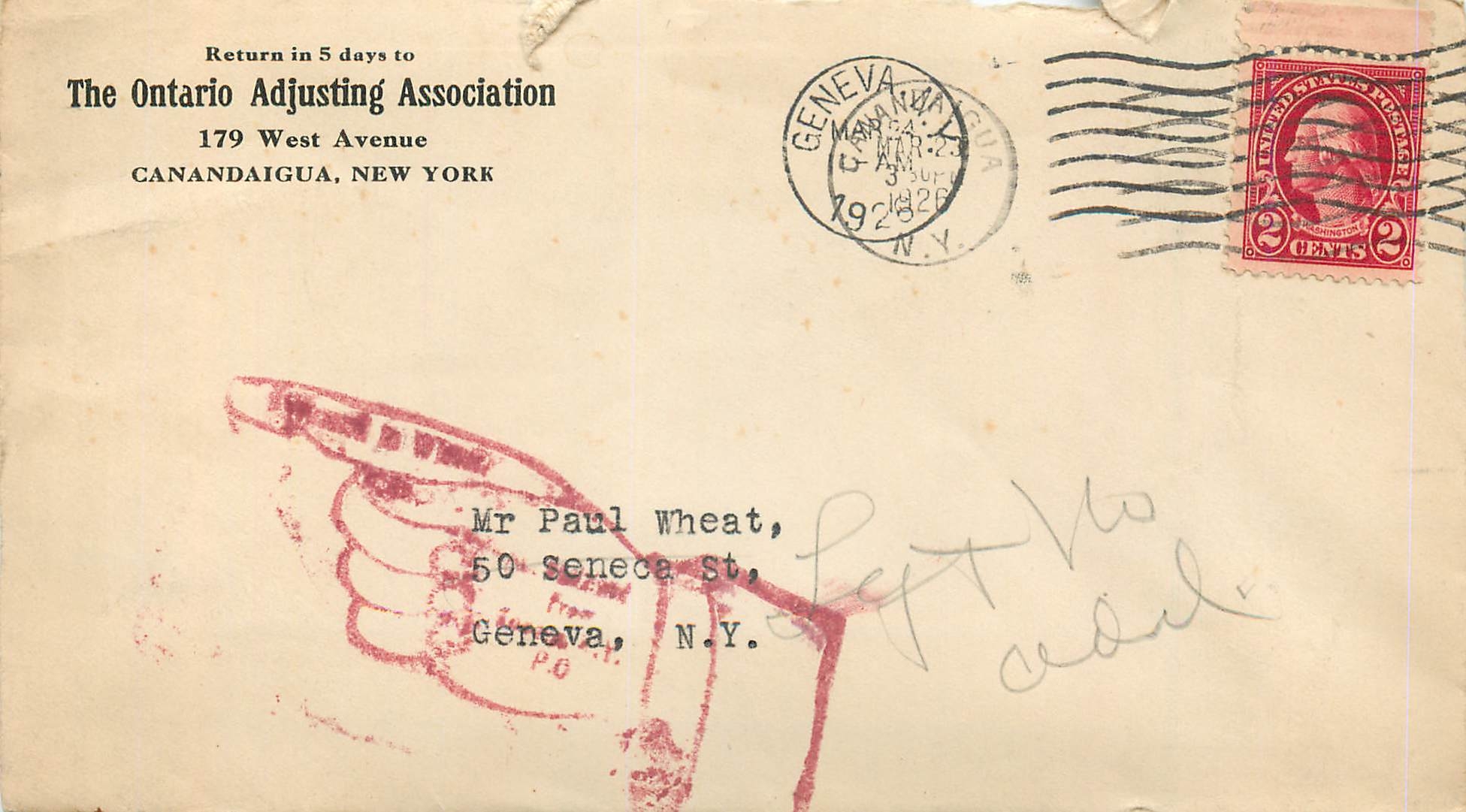 Lettre Cover Etats-Unis 2c Geneva Ontario Adjusting Return to sender 1928 cover