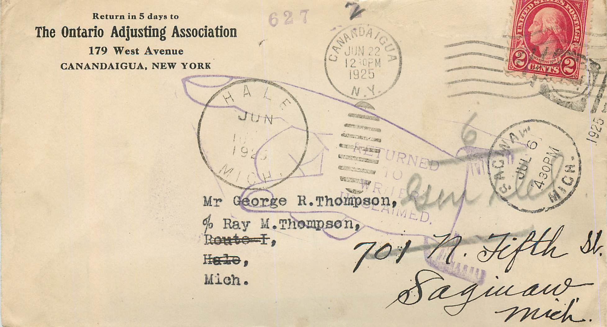 Lettre Cover Etats-Unis 2c Geneva Ontario Adjusting Return to sender 1928 cover