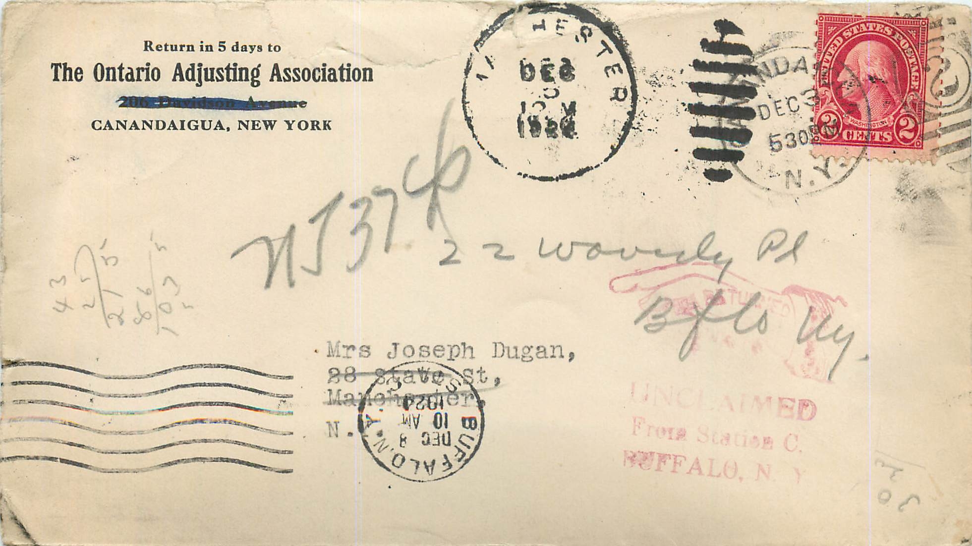 Lettre Cover Etats-Unis 2c Canandaigua Ontario Adjusting Association 1927 cover