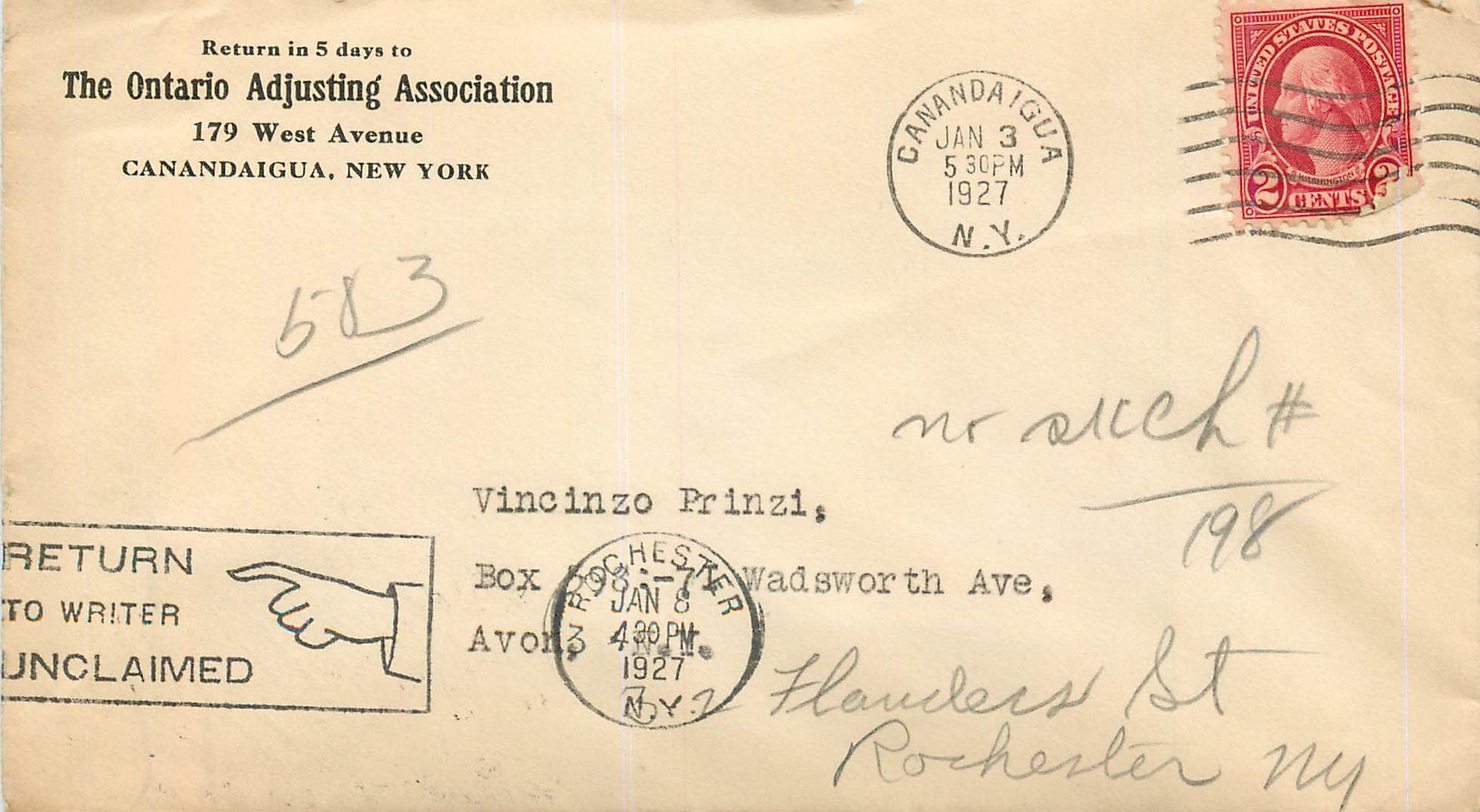 Lettre Cover Etats-Unis 2c Canandaigua Ontario Adjusting Association 1927 cover