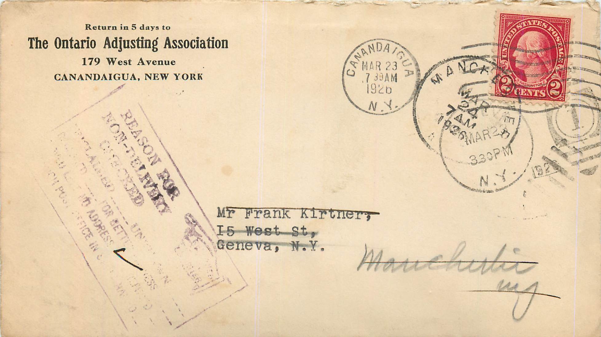 Lettre Cover Etats-Unis 2c Canandaigua Ontario Adjusting Association 1925 cover