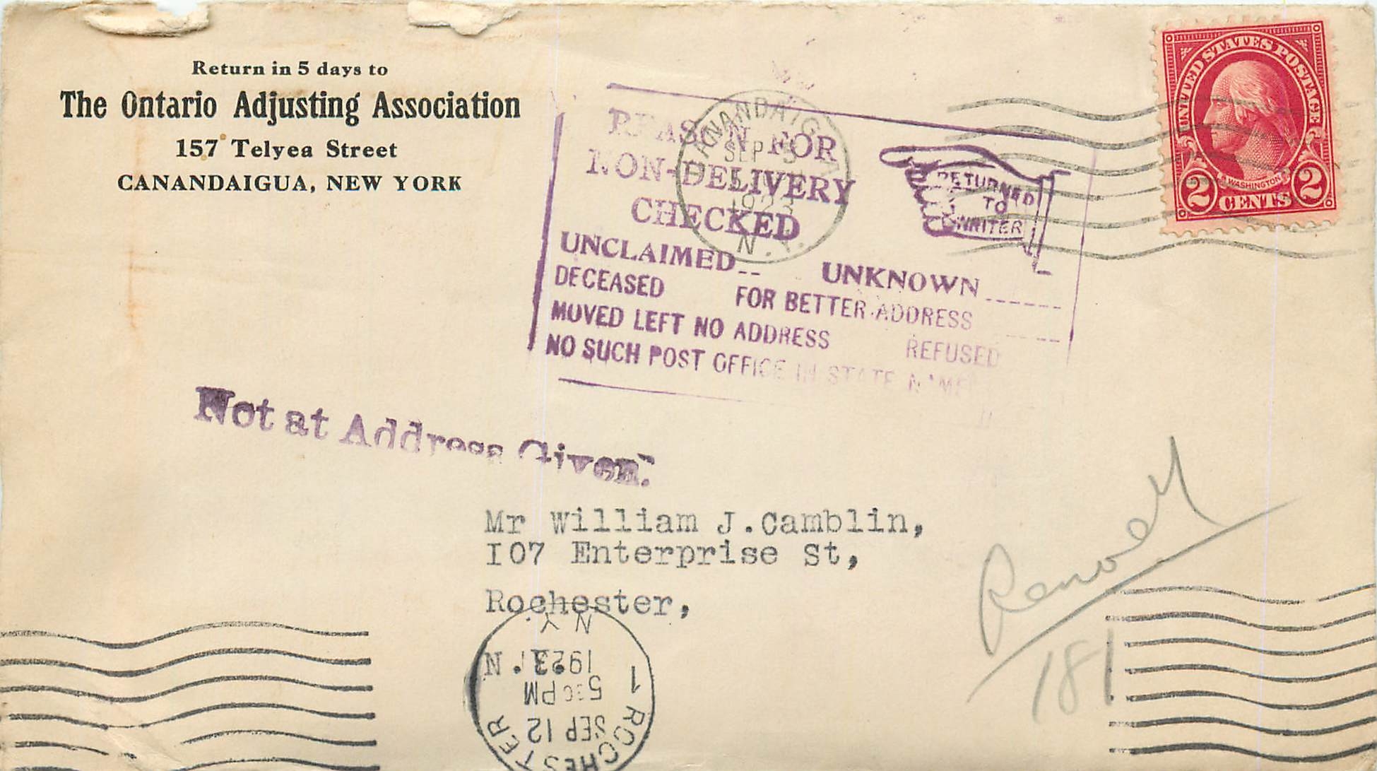 Lettre Cover Etats-Unis 2c Canandaigua Ontario Adjusting Association 1926 cover