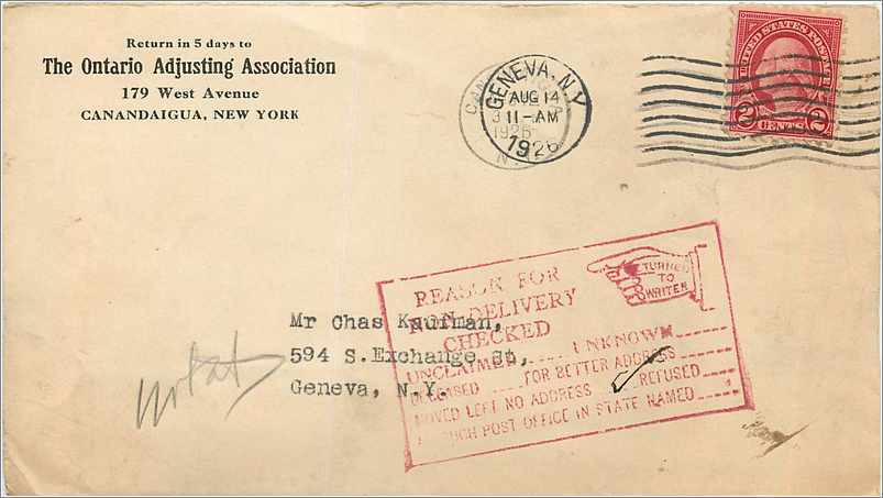 Geneva, N.Y. — An den Absender zurückgesandt — The Ontario Adjusting Association, Canandaigua, N.Y.