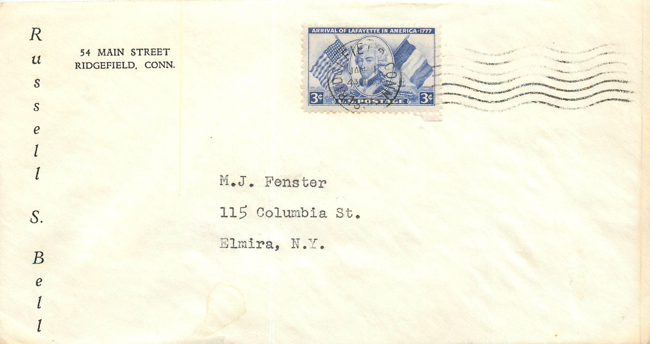 Lettre Cover Etats-Unis 3c Lafayette Ridgefield cover 