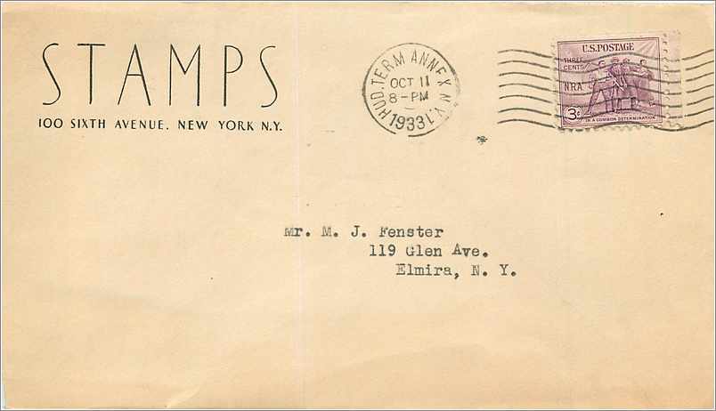 Lettre Cover Etats-Unis 3c NRA Hud Term Annex to Elmira 1933