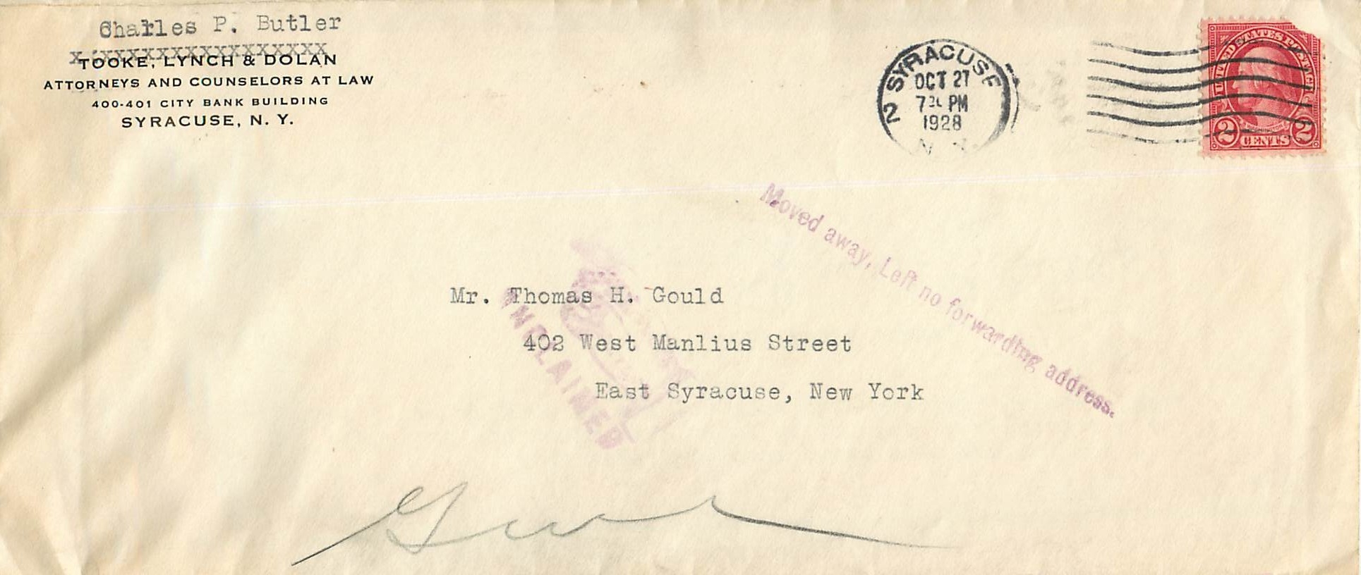 Lettre Cover Etats-Unis 2c Syracuse Return to sender 1928