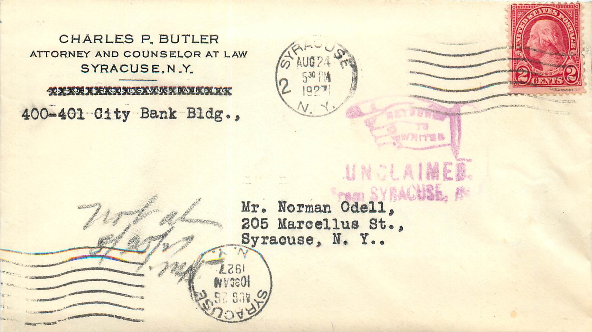Lettre Cover Etats-Unis 2c Syracuse Return to sender 1927