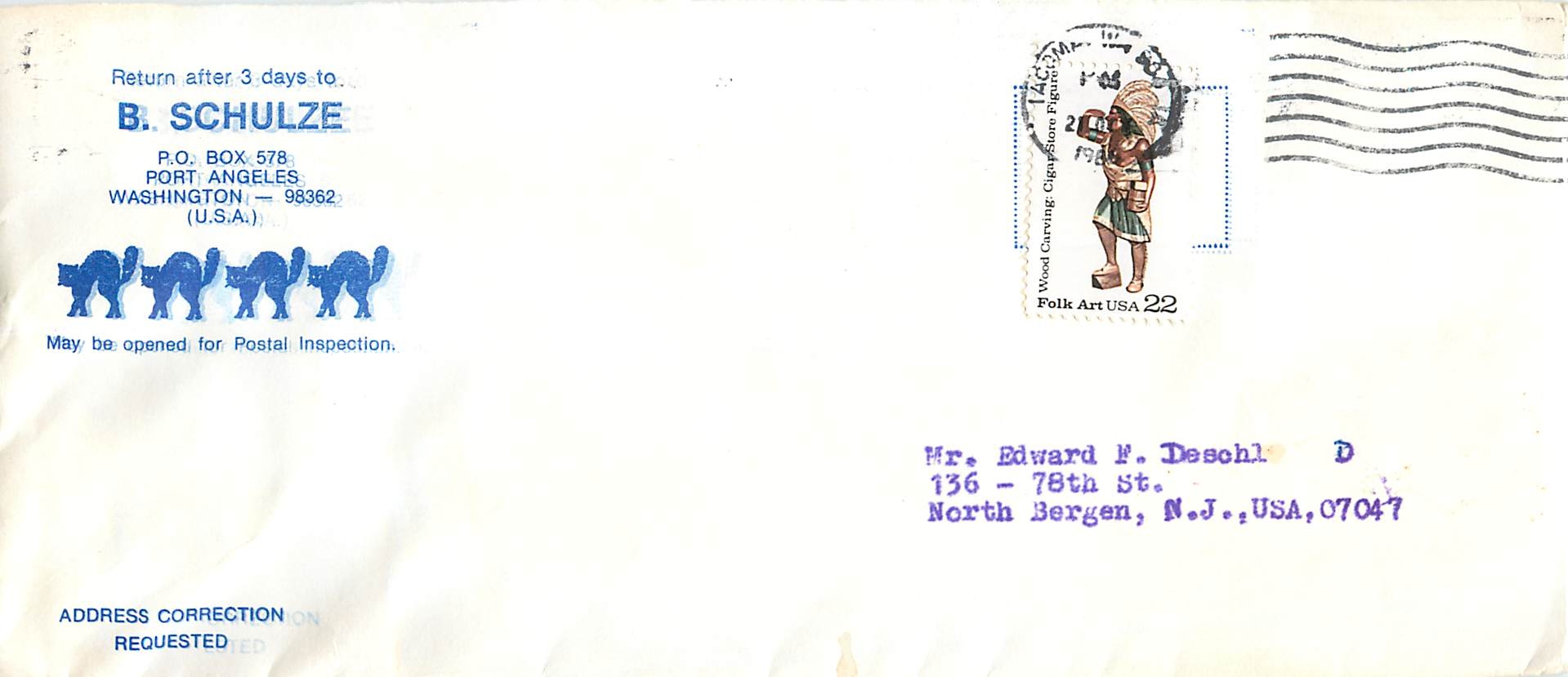 Lettre Cover for North Bergen Indien 1982 Chat 