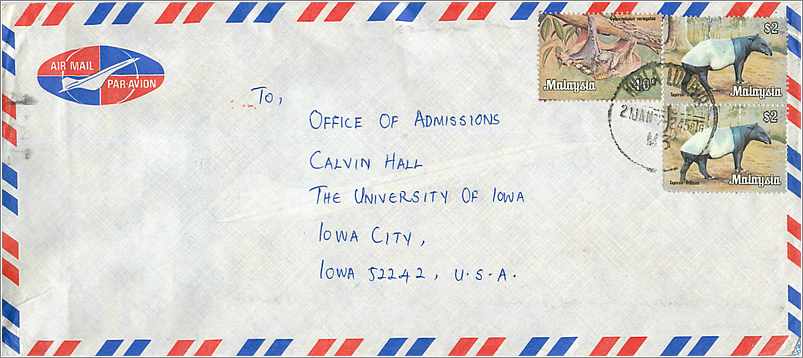 Lettre Cover for University of Iowa  Malaysia 