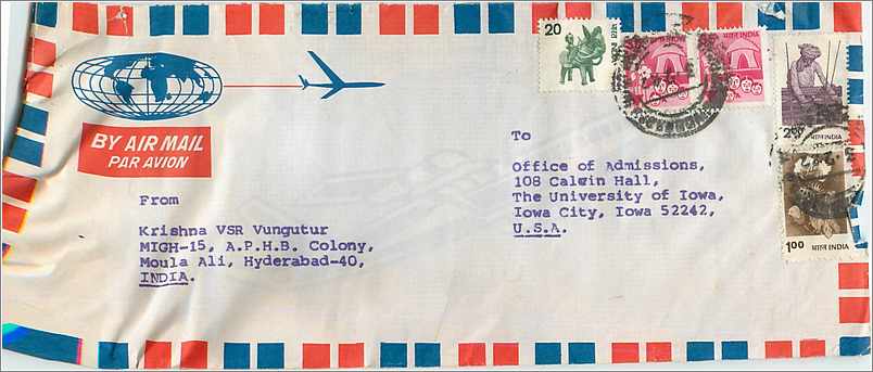 Enveloppe aérienne de Hyderabad à Iowa — éditeur non visible