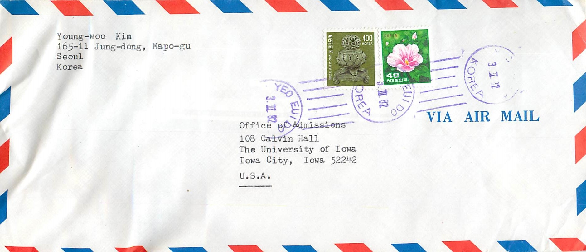 Lettre Cover for University of Iowa  Coree