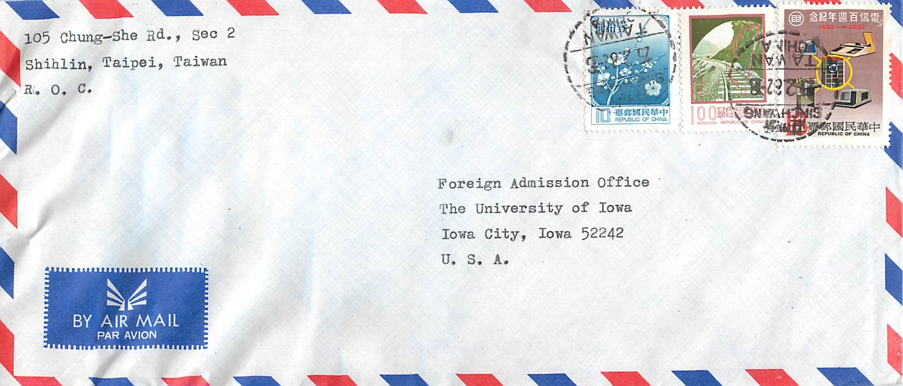 Lettre Cover for University of Iowa  Chine