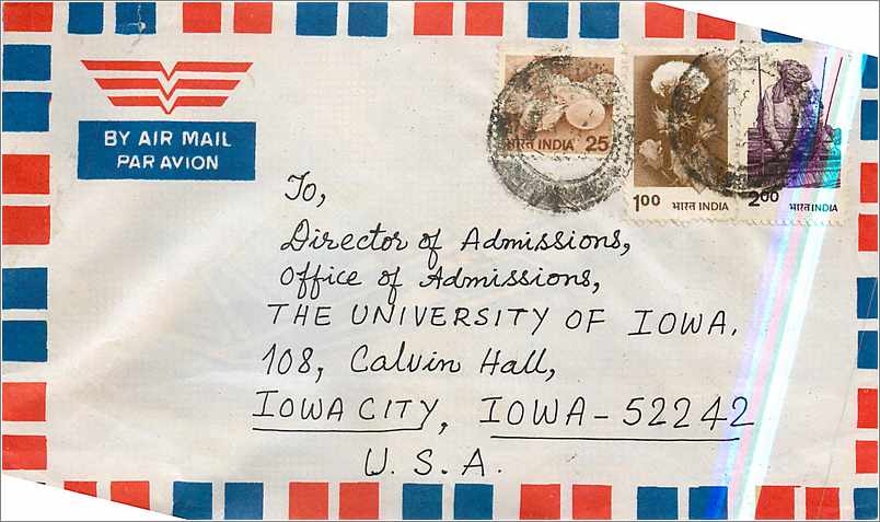 Carte postale aérienne — Hyderabad, Inde — destinée à l'Université d'Iowa, États-Unis