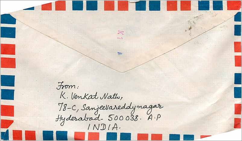 Carte postale aérienne — Hyderabad, Inde — destinée à l'Université d'Iowa, États-Unis — Back