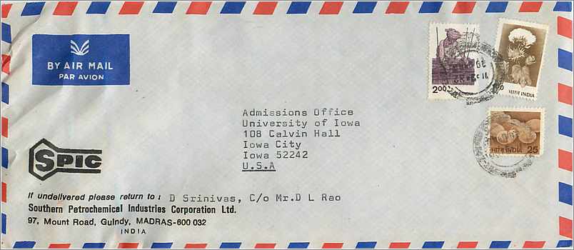 Enveloppe aérienne — Inde vers États-Unis — SPIC, Madras