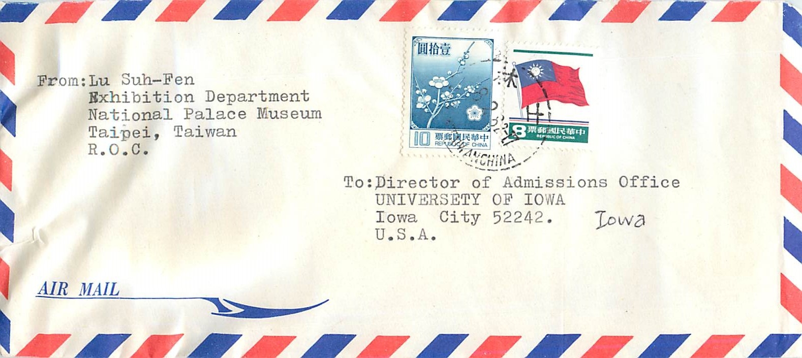 Lettre Cover for University of Iowa  Chine