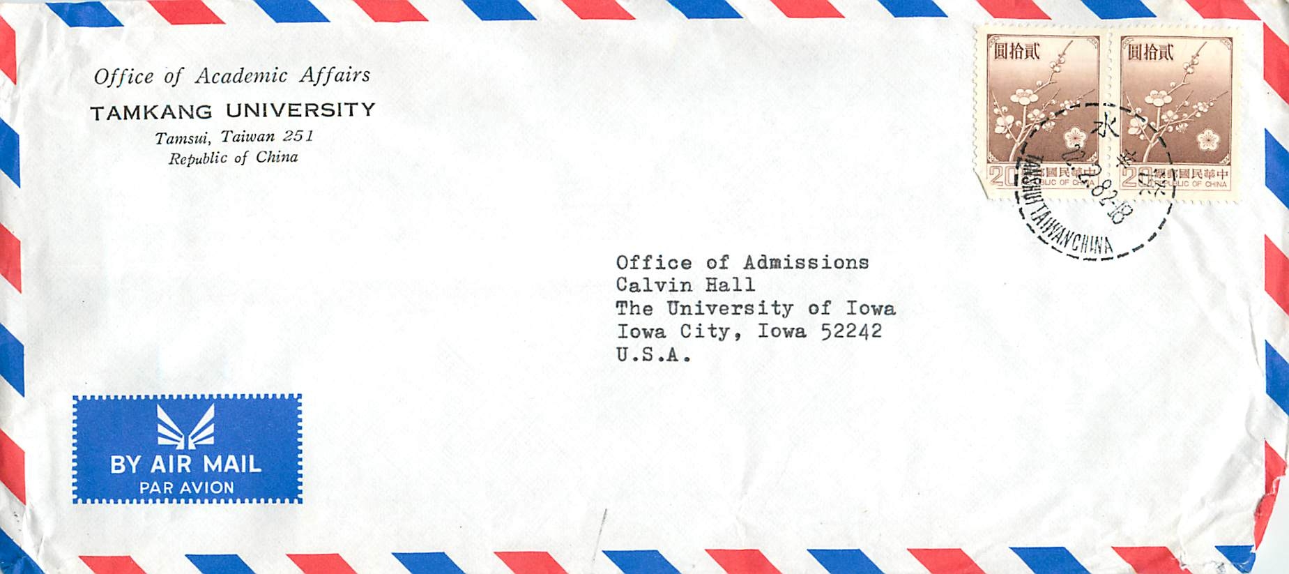 Lettre Cover China Chine Taiwan Tamkang University  Iowa City 