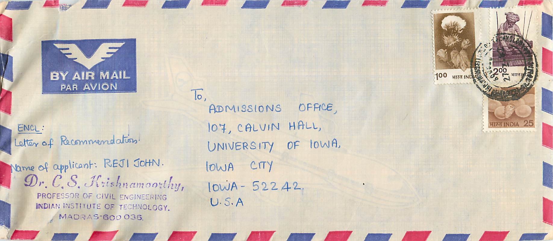 Carte postale aérienne — Lettre de recommandation pour Reji John — Indian Institute of Technology, Madras — destinée à l'Université d'Iowa, États-Unis
