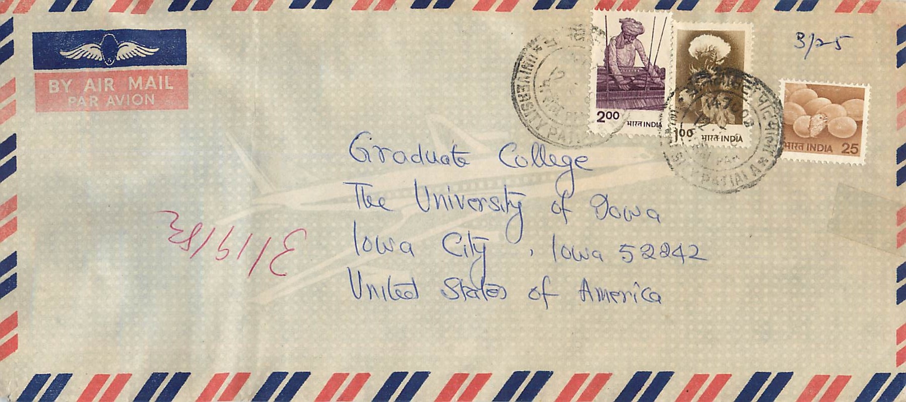Enveloppe aérienne — Inde vers États-Unis — timbres et cachet de Patiala