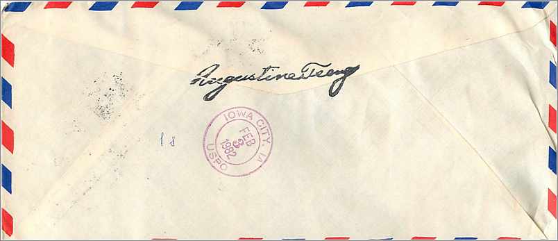 Lettre Cover China Chine Providence College Taiwan Iowa City  — Verso