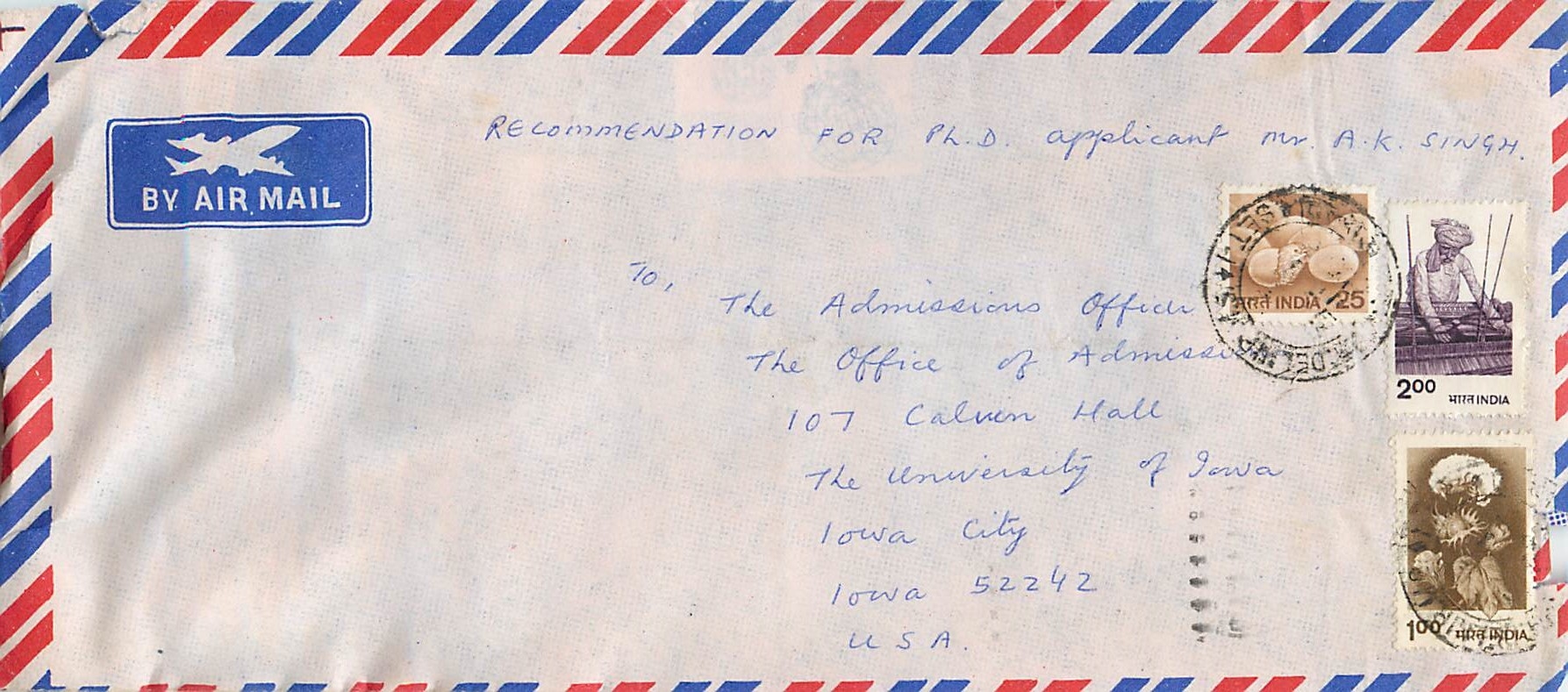 Carte postale aérienne — recommandation pour candidat au doctorat — envoyée de NITTA, Inde
