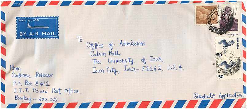 Enveloppe aérienne — Bombay, Inde — Université d'Iowa, États-Unis