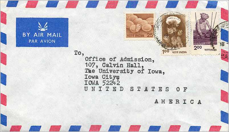 Enveloppe aérienne indienne — Université d'Iowa — 3 timbres