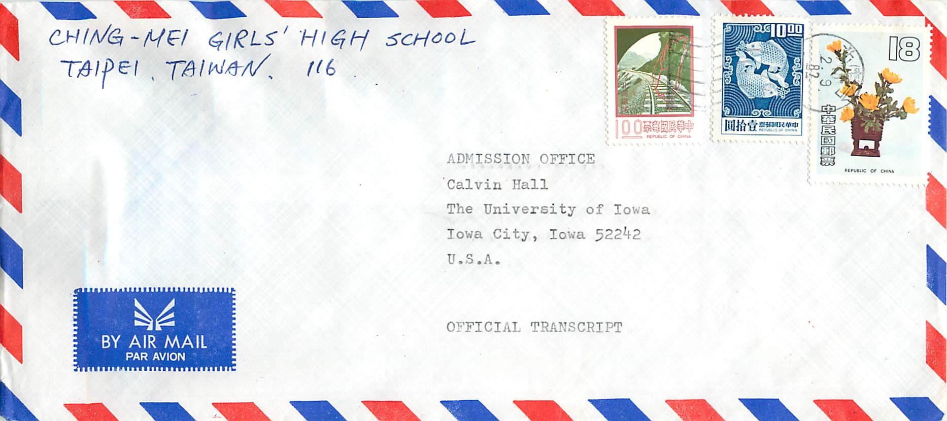 Lettre Cover China Chine Taiwan  Taipei University  Iowa City 