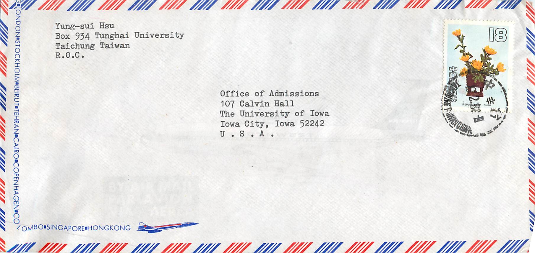 Lettre Cover China Chine Taiwan Taipei  University Taichung Iowa City 