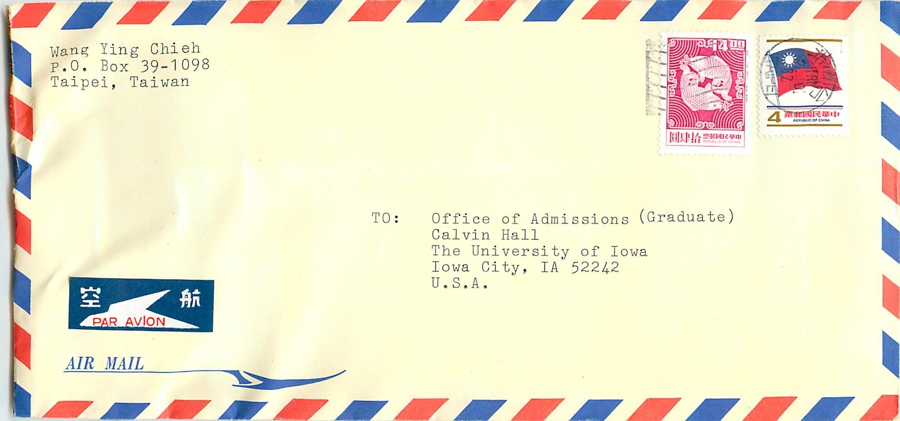 Lettre Cover China Chine Taiwan Taipei  University  Iowa City 