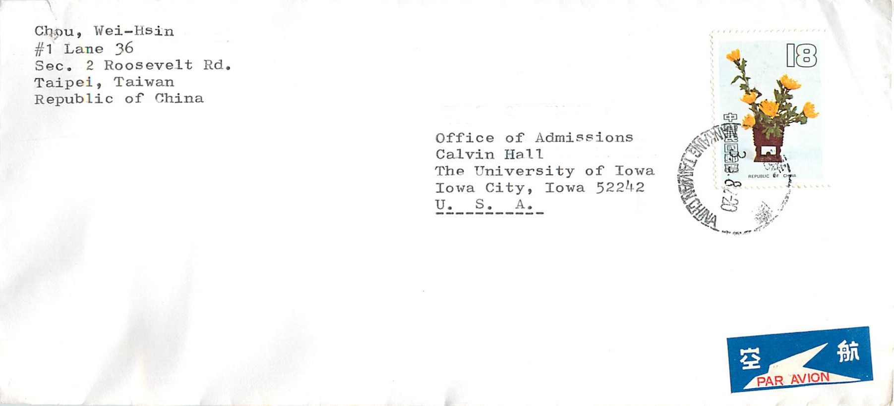 Lettre Cover China Chine Taiwan Taipei  University  Iowa City 