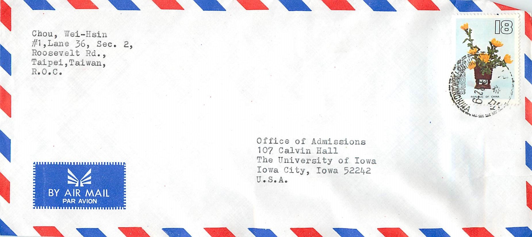 Aerial Envelope of the Republic of China — Floral Stamp and Postmark — Intended for the University of Iowa