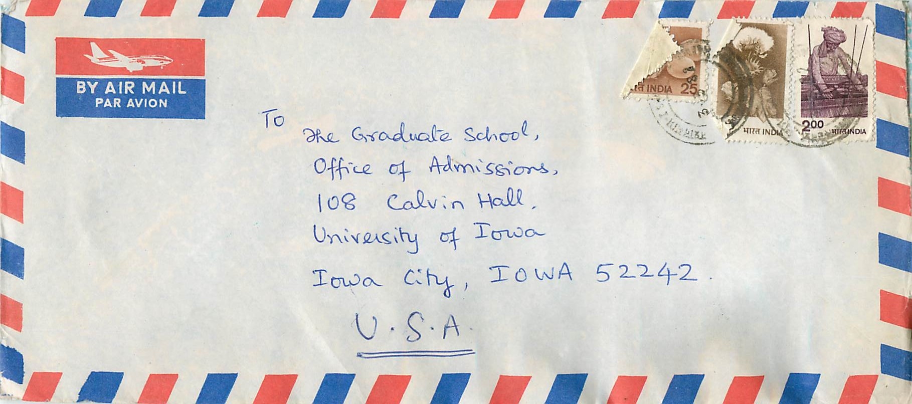 Enveloppe aérienne de l'Inde vers l'Université d'Iowa — Gopalakrishna Sridhar, New Delhi