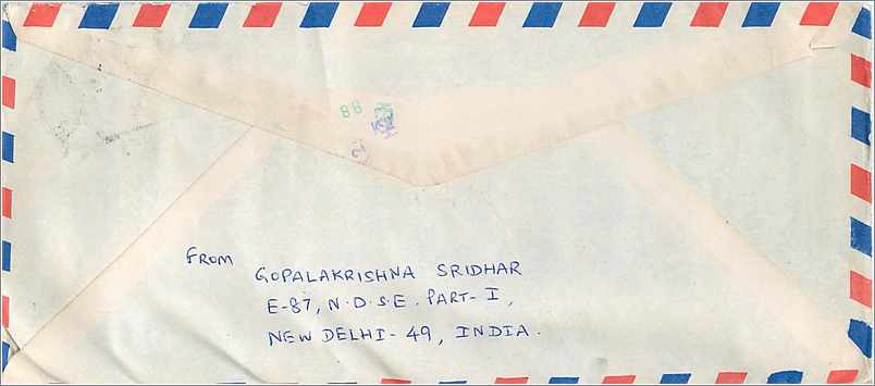 Enveloppe aérienne de l'Inde vers l'Université d'Iowa — Gopalakrishna Sridhar, New Delhi — Back