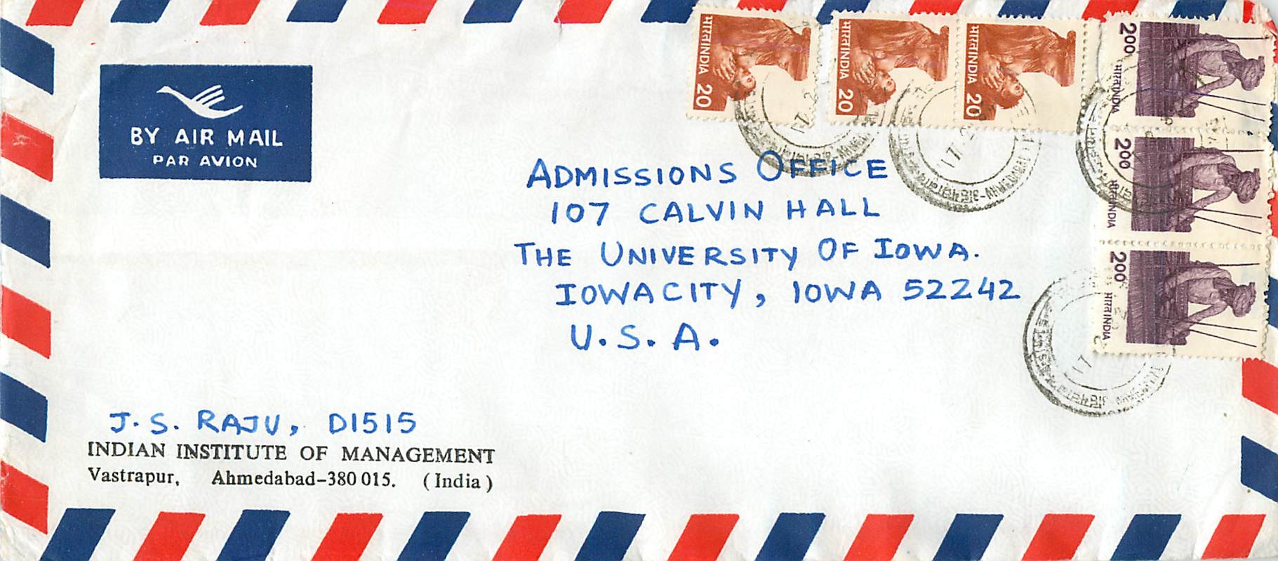 Lettre Cover Inde India University Iowa City 