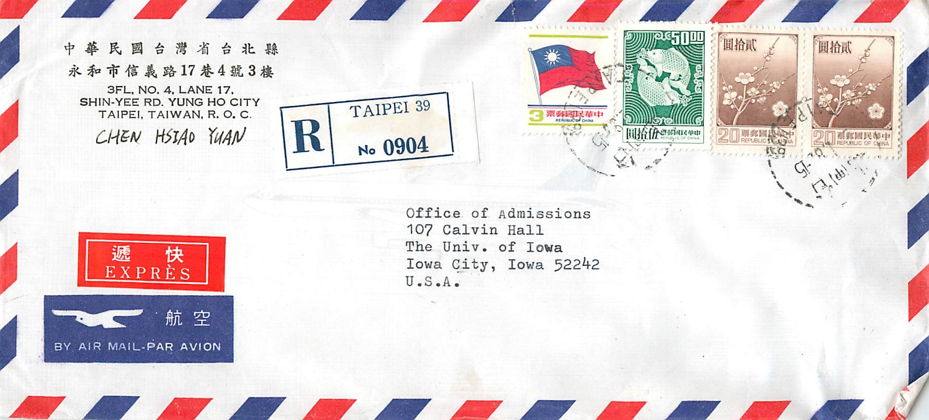 Luchtbriefje van Taipei naar Iowa City — stempels en aankomststempel