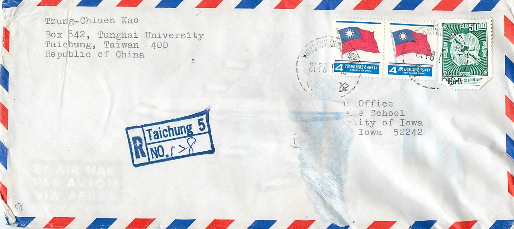 Lettre Cover Chine China University Iowa City Taipei