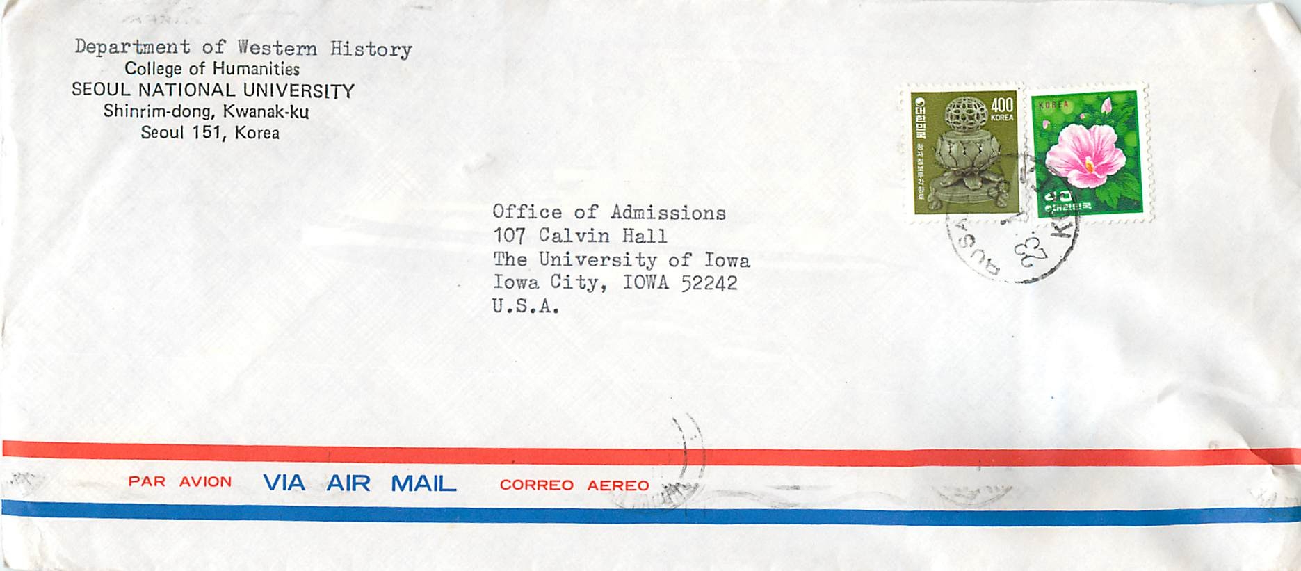 Lettre Cover Coree Korea University Iowa City 