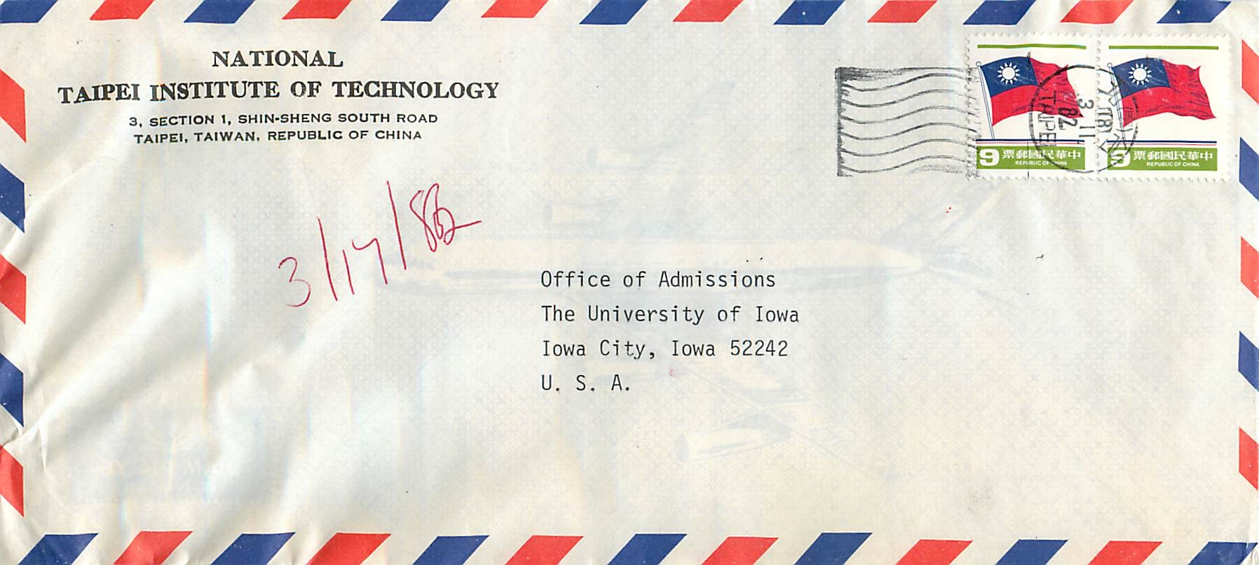 Lettre Cover Chine China University Iowa City Taipei