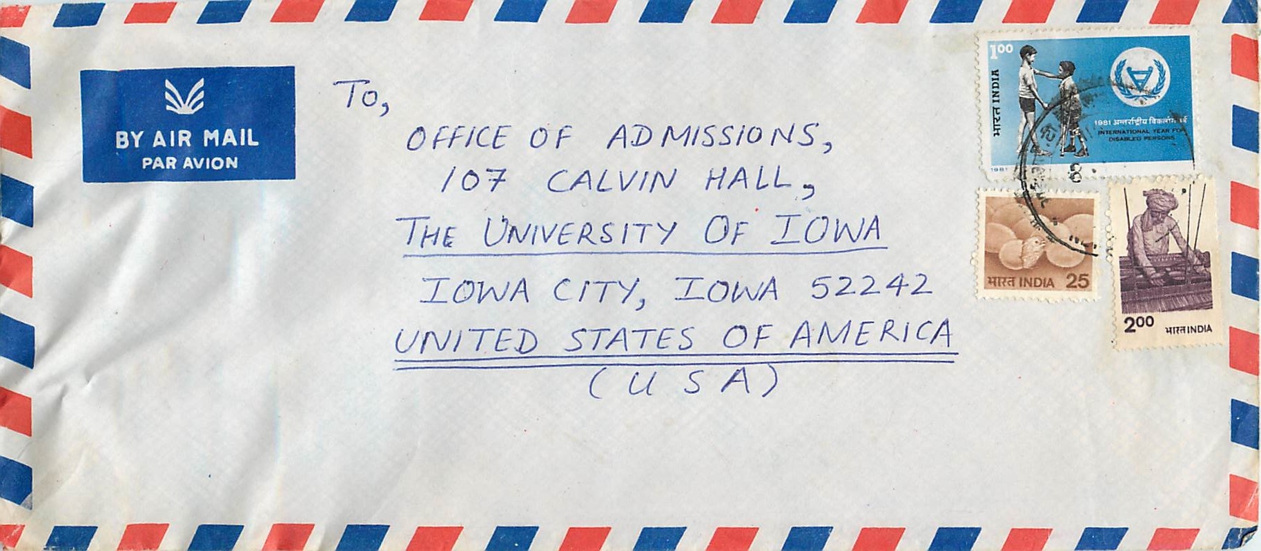 Lettre Cover Inde India University Iowa City 