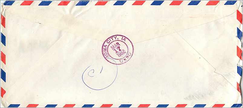 Lettre Cover Chine China University Iowa City Taipei Tjing Ling — Verso