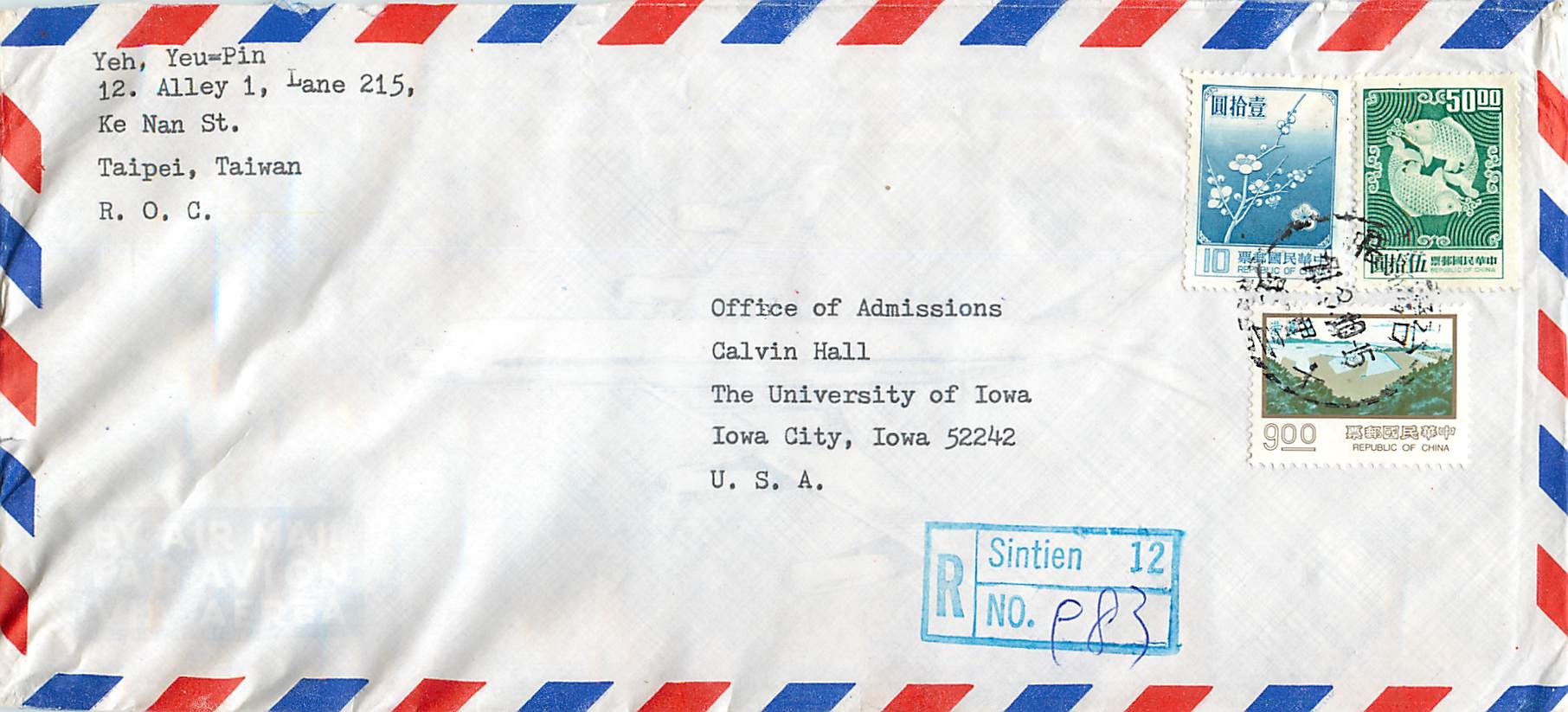 Lettre Cover Chine China University Iowa City Taipei