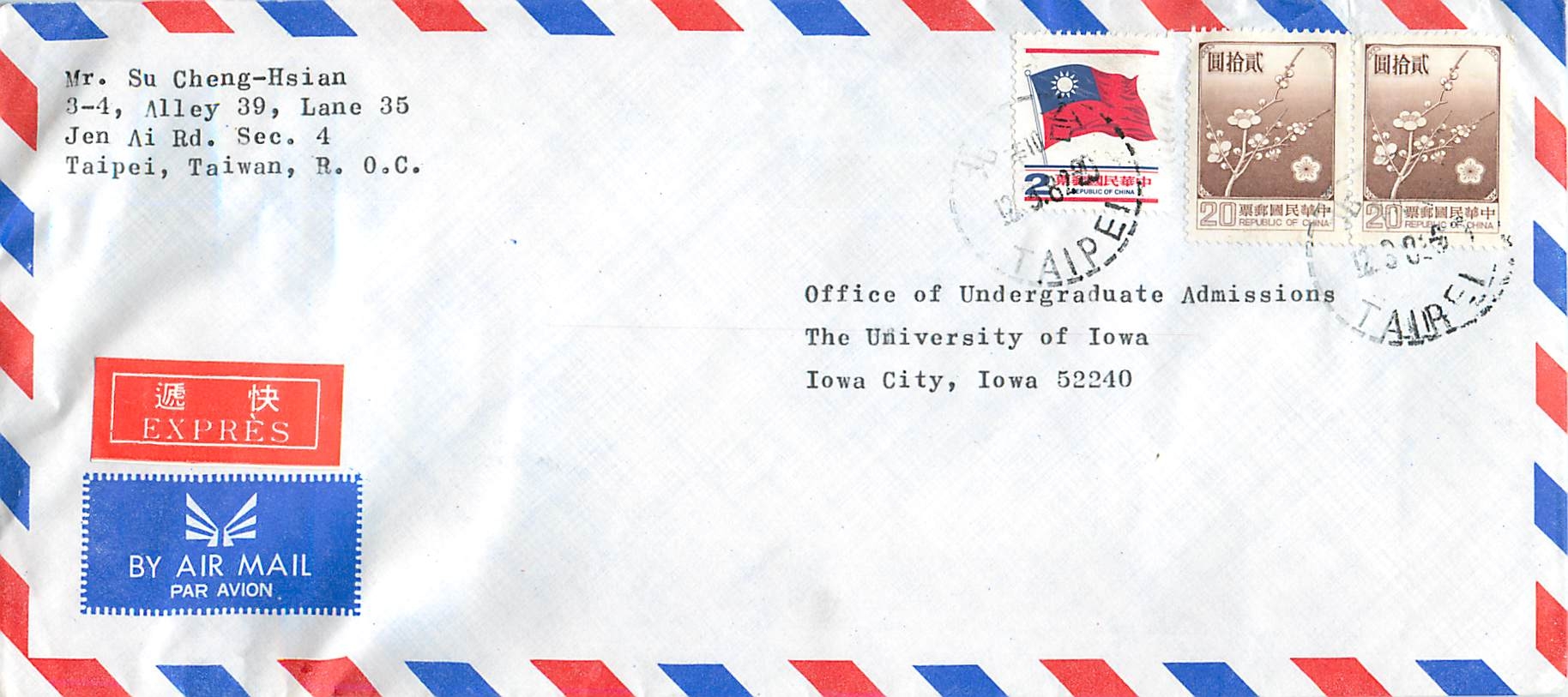 Lettre Cover Chine China University Iowa City Taipei
