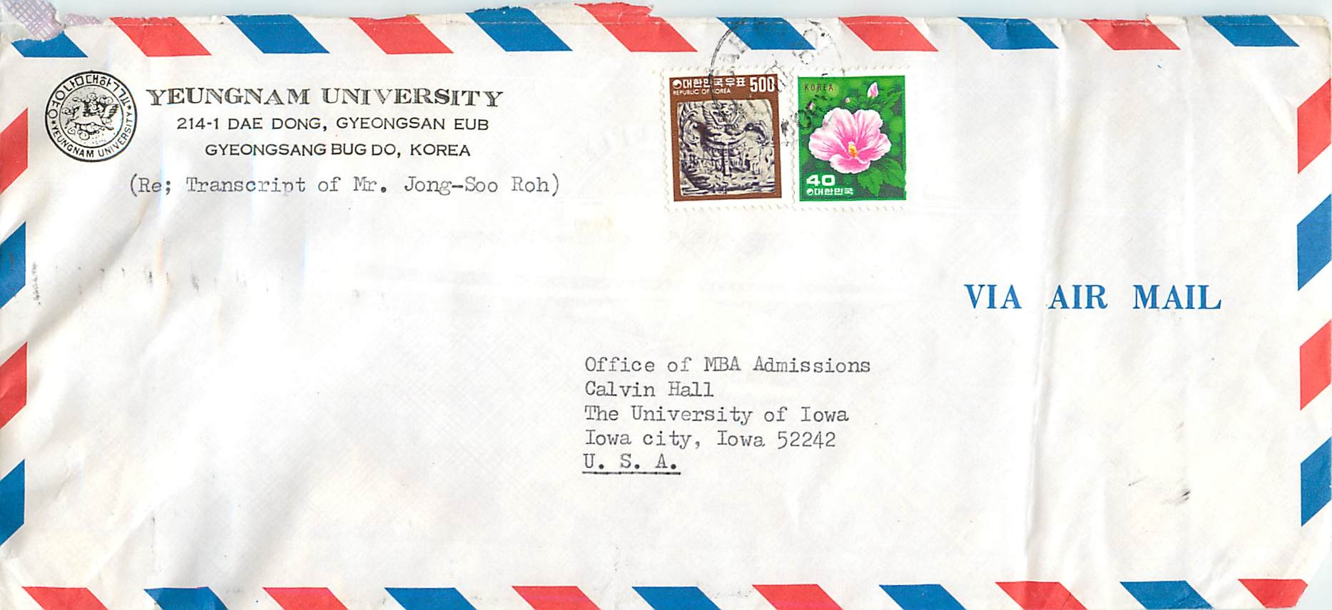 Yeungnam University — Transcript of Mr. Jong-Soo Roh — Air Mail Envelope to the United States