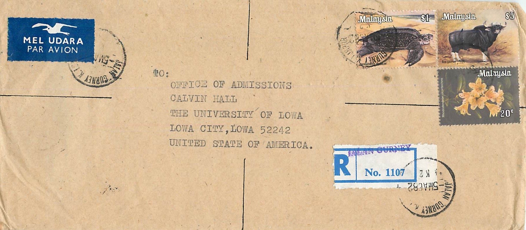 Lettre Cover Coree Malaysia University Iowa City  Turtle Tortue